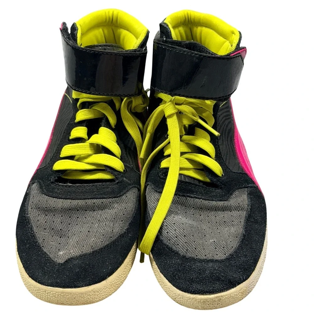 Puma High Top Sneakers Womens 7.5 Black Pink Yellow Suede Strap 355520-01 Y2K